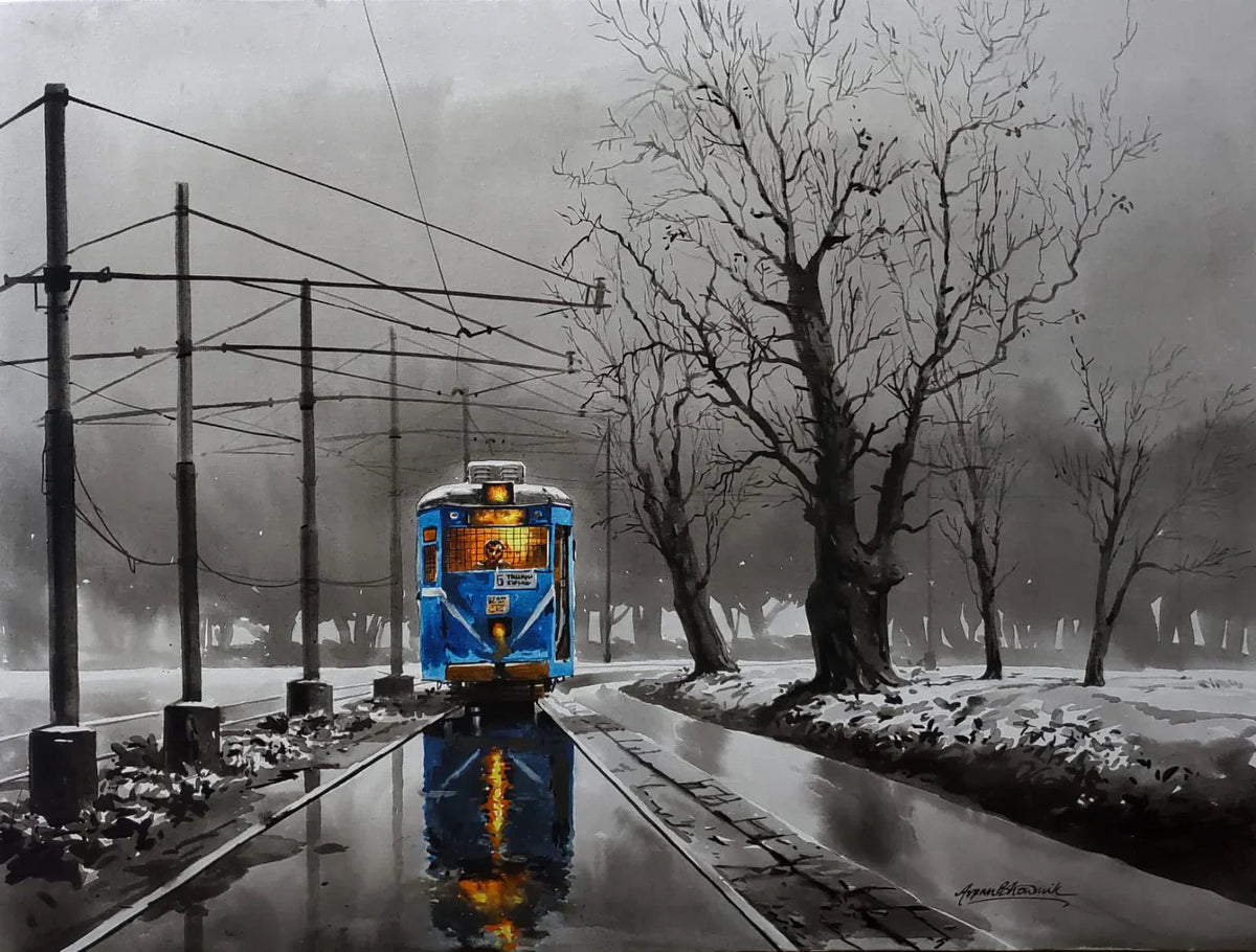 Artazzle's monsoon paintings India collection blog, featuring Arpan Bhowmik's Kolkata blue tram painting against a rainy city landscape background.