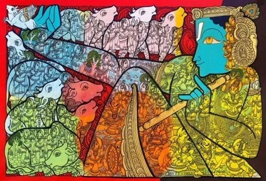 Ramesh Gorjala Kalamkari painting of Krishna with cows. Painting is part of Artazzle curation of Indian paintings that pay homage to Indian culture.