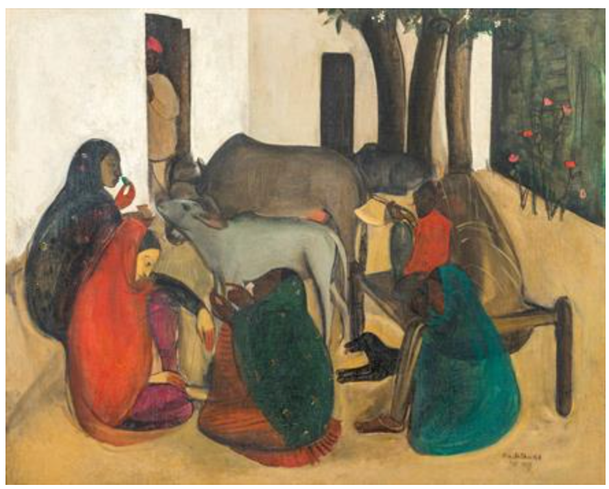 Record-breaking fine art painting 'The Story Teller' by Amrita Sher-Gil depicting rural Indian women in a courtyard.