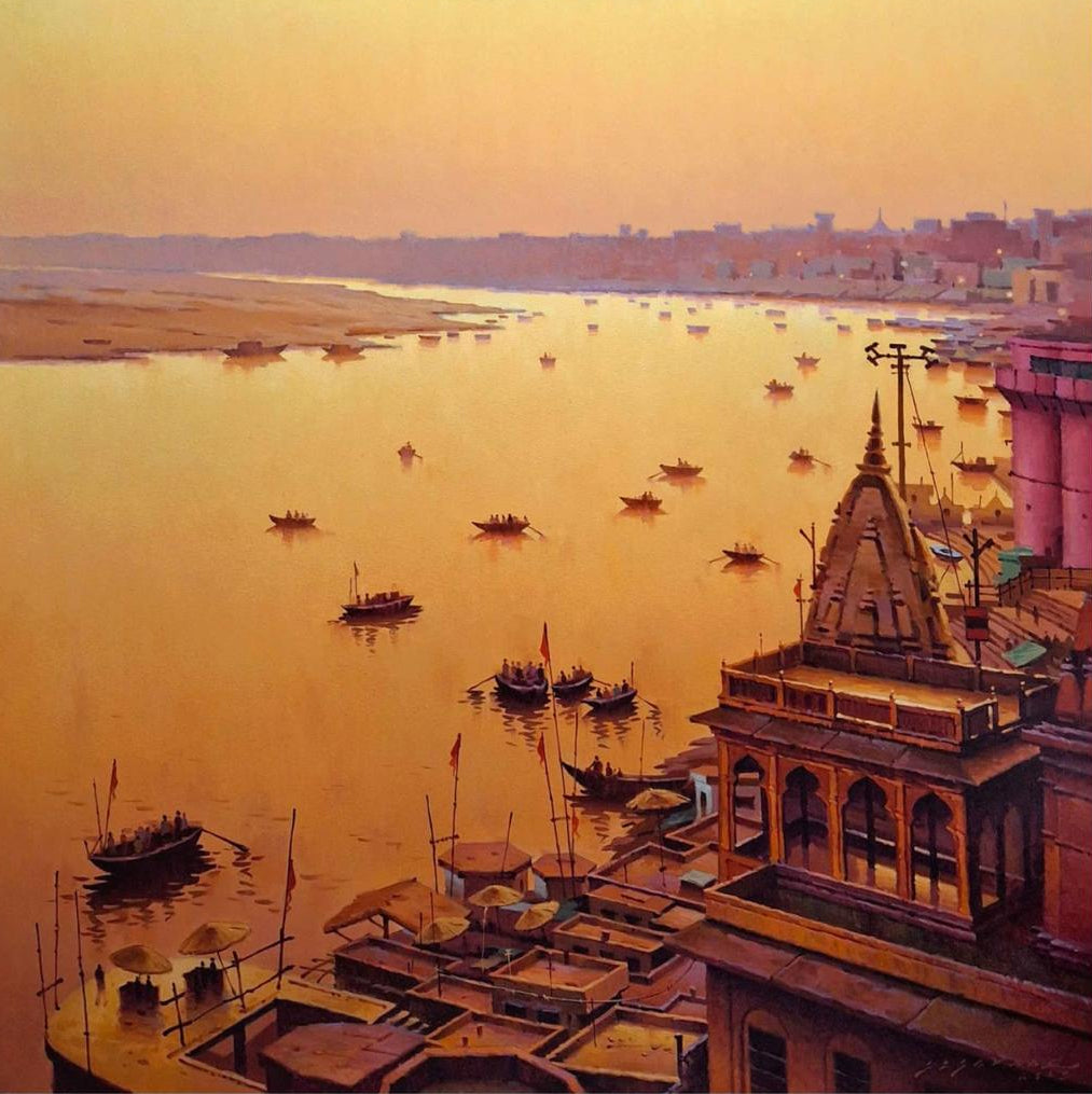 Kashi Dawn - Varanasi Ghat Painting by Siddharth Gavade | Artazzle Collection