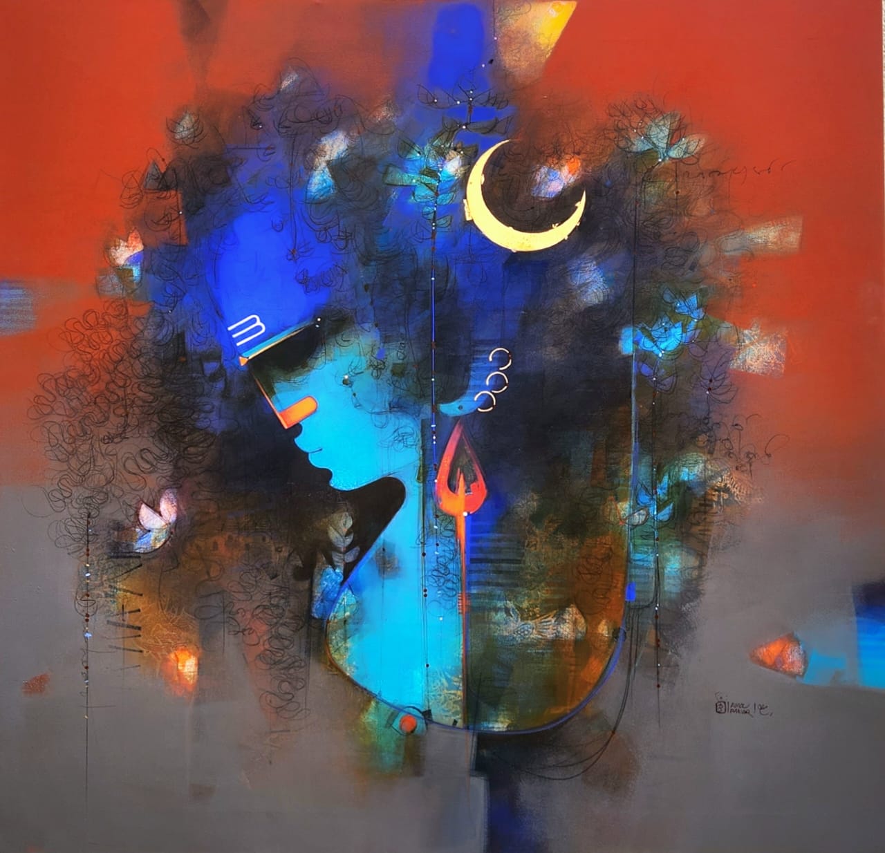 Abstract figurative painting of Lord Shiva in blue with a moon and trident.