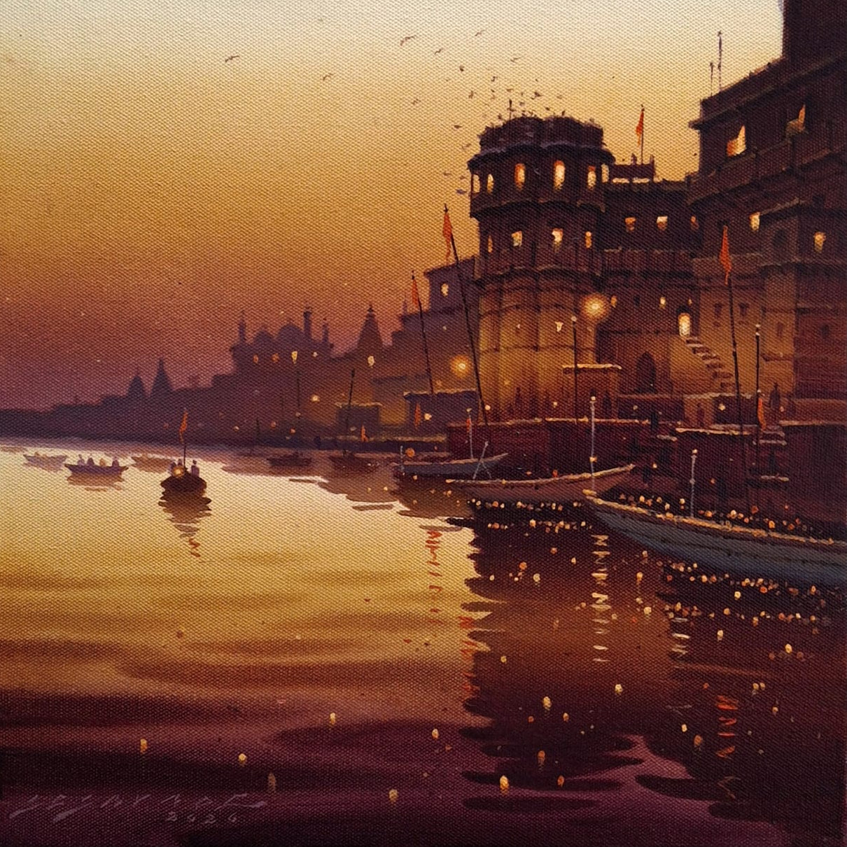Hand painted canvas art depicting a warm-toned sunset landscape of Kashi sacred city by ghats. 
