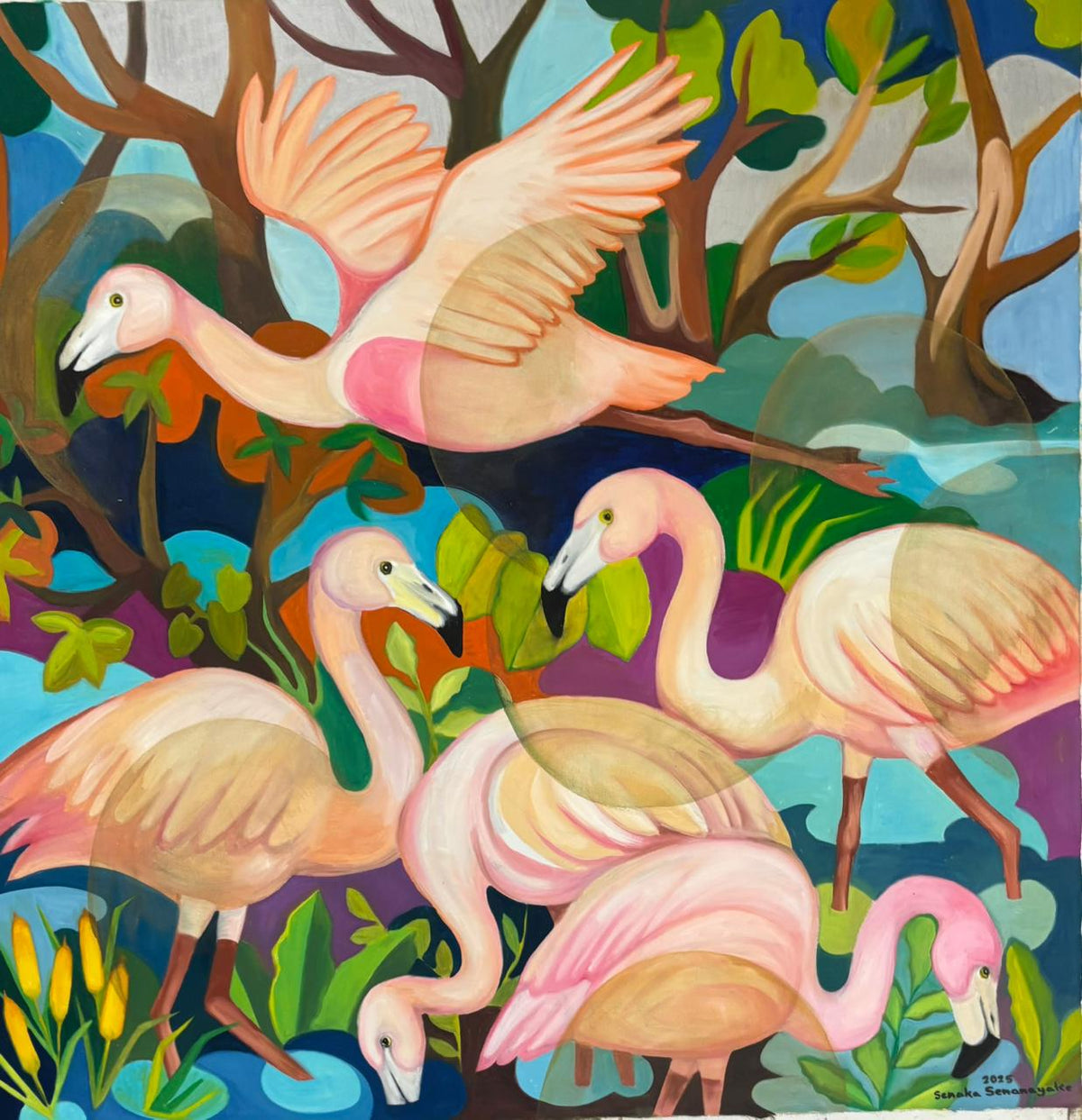 Senaka Senanayake original painting featuring flamingos in forest; part of Senaka Senanayake paintings collection on Artazzle