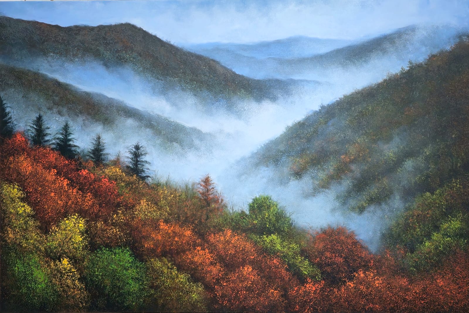 Sanjay Soni Nature Landscape Art featuring lush and misty mountains.