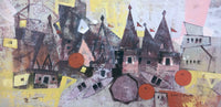 Monochrome and grey tone painting of Benaras; geometric abstraction style.