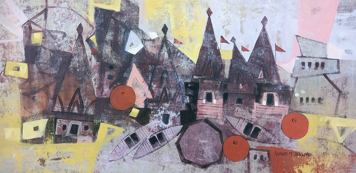 Monochrome and grey tone painting of Benaras; geometric abstraction style.