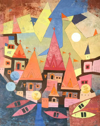 Varanasi vertical city art in soft tones and geometrical abstraction style.