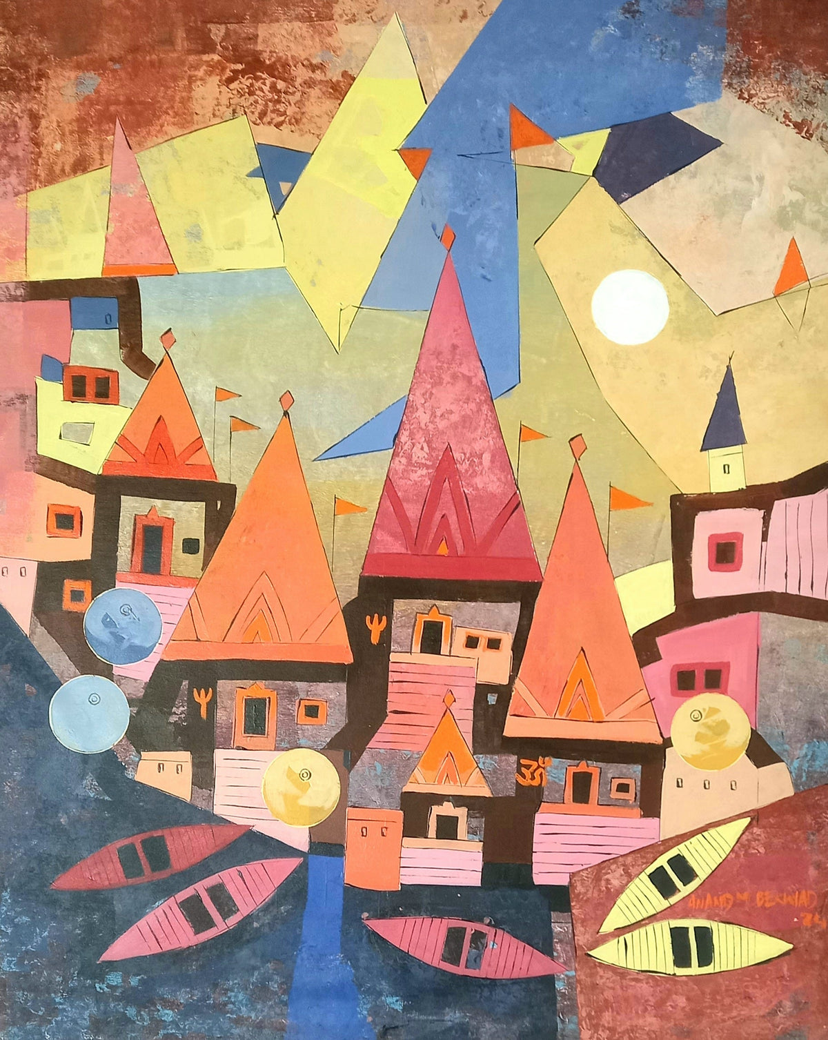Varanasi vertical city art in soft tones and geometrical abstraction style.