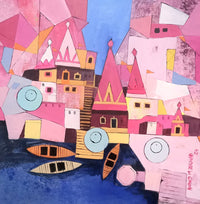 Benaras abstract cityscape art by Anand Bekwad in blue and pink hues.