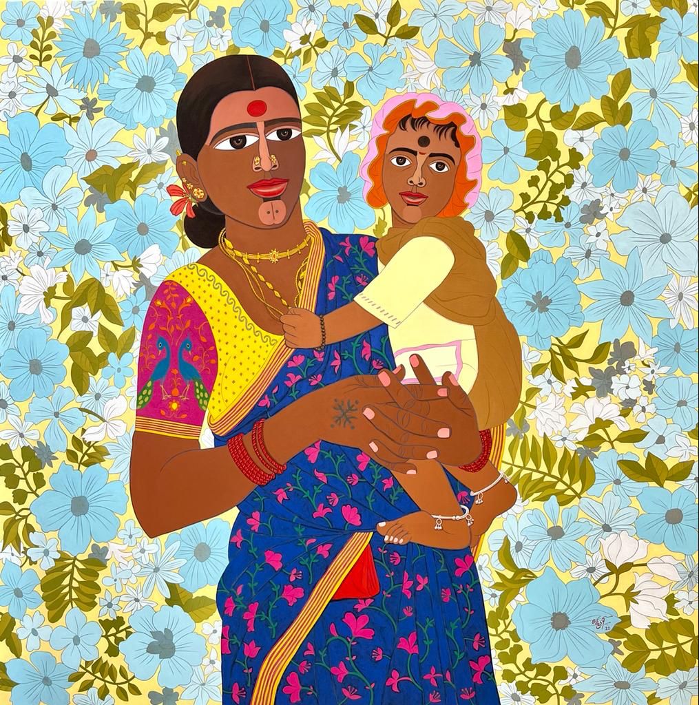 Dr Laxman Aelay Potrays a mother from rural Telangan India with a child in her hands. The mother and child are set against a floral background in this heart warming composition.
