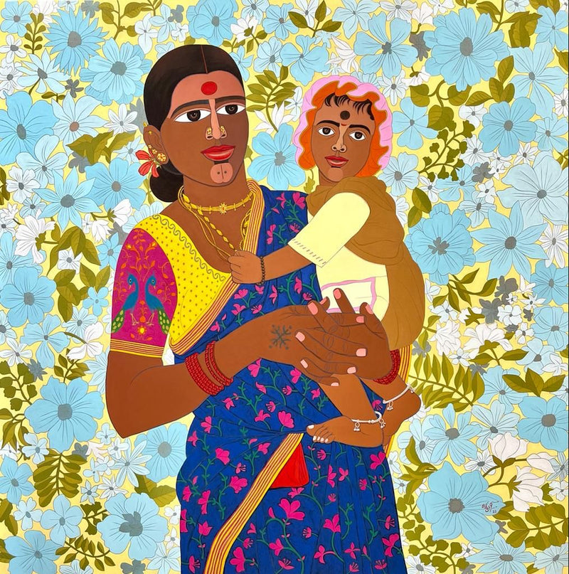 Dr Laxman Aelay Potrays a mother from rural Telangan India with a child in her hands. The mother and child are set against a floral background in this heart warming composition.