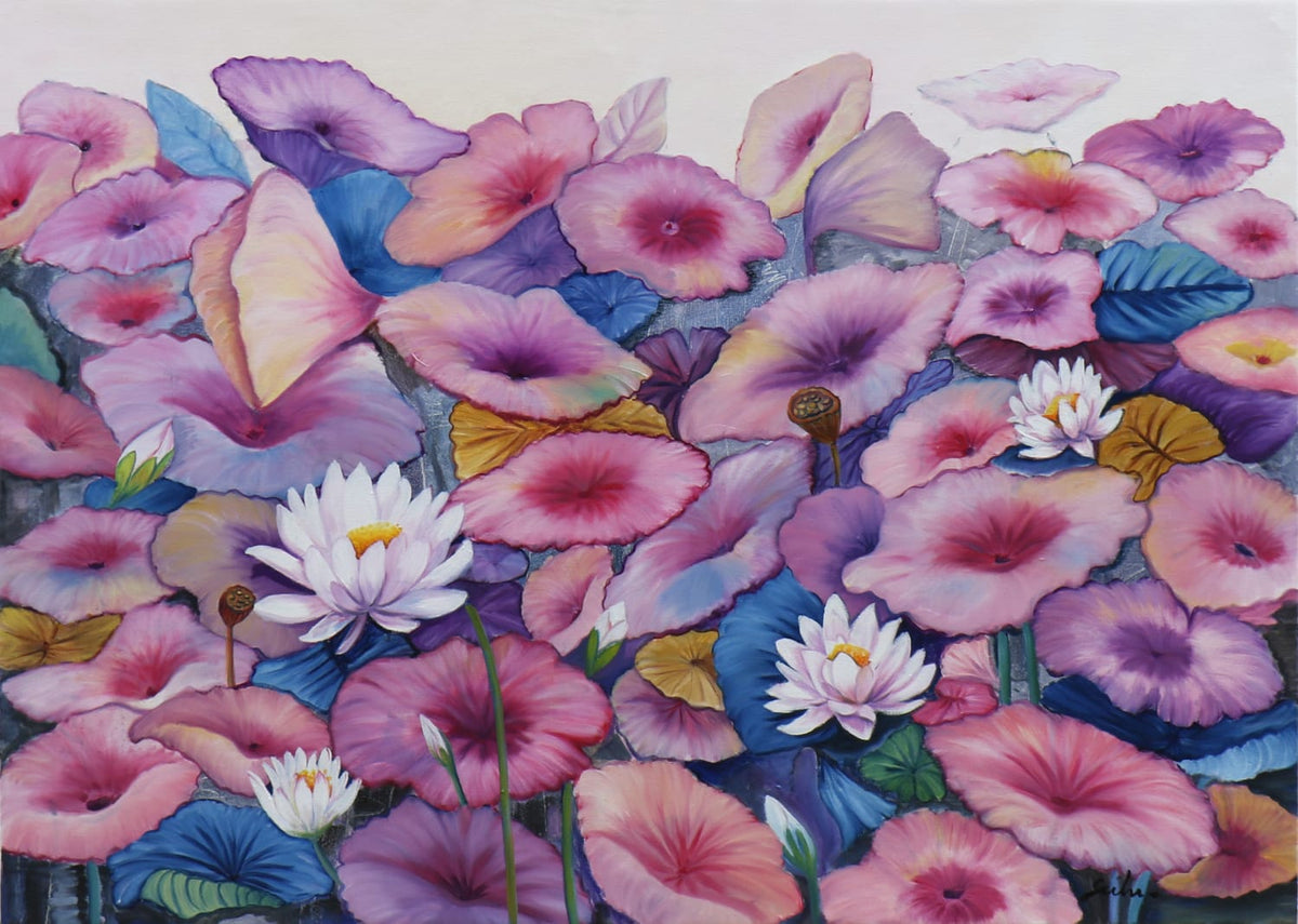 Lily pond in violet and crimson hues by artist sulakshna