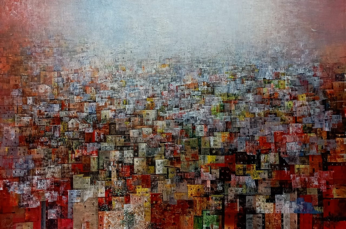 Artist M Singh, does a mesmerising cityscape in crimson hues. 