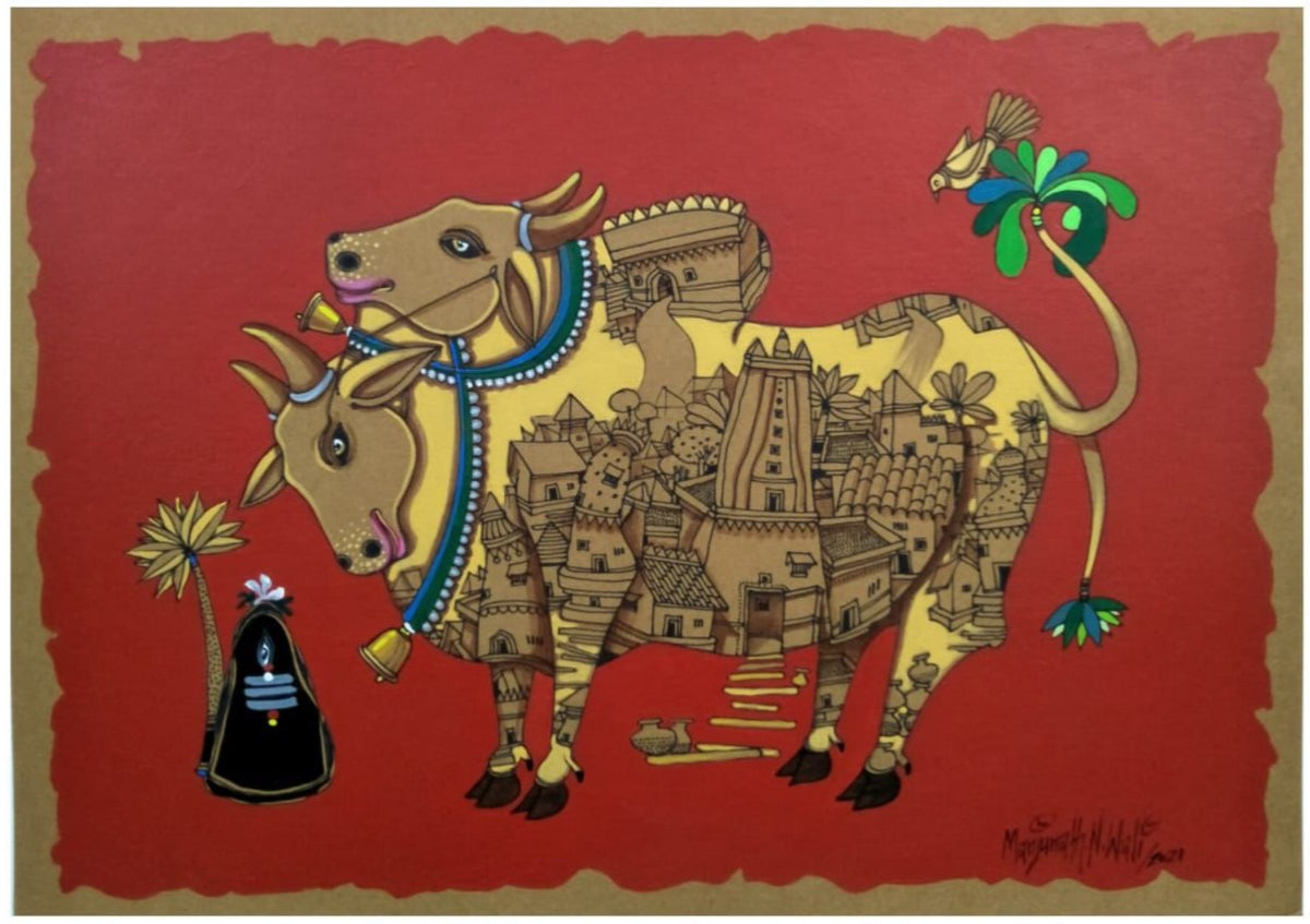 Manjunath wali portrays Villagescape within bodies of two bulls