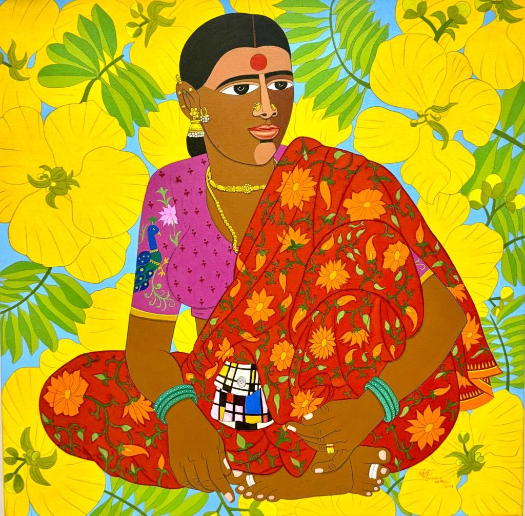Dr. Laxman Aelay's artistic narrative of Poolamma , the embodiement of the female as a flower. Composed in this artwork is a native woman of Telangana seated against a backdrop of floral art. 