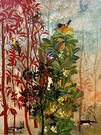 Artistic depiction of birds and foliage with a textured background