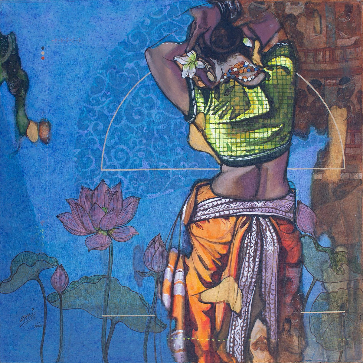 Artistic depiction of a female walking away tying her hair, dressed in colorful attire with lotus flowers and a blue patterns in background.