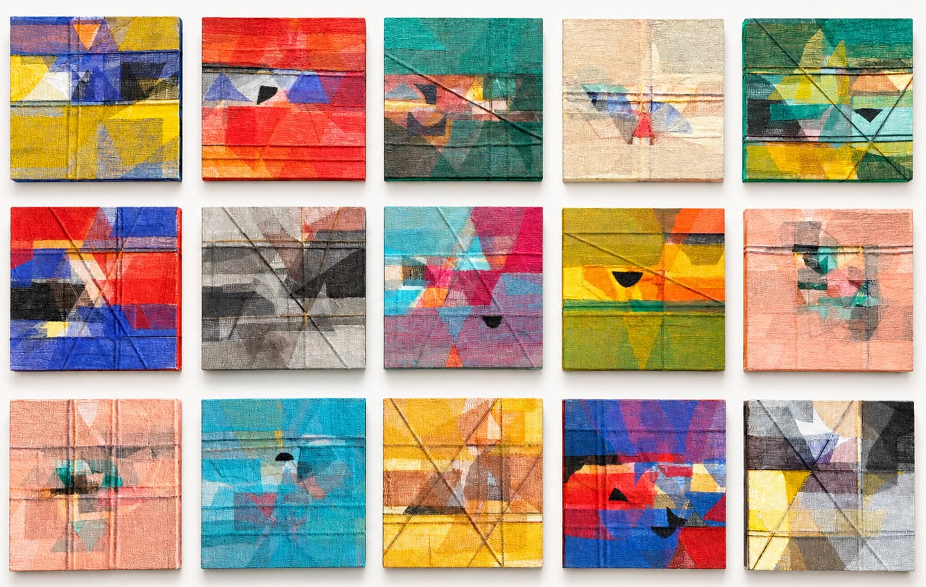 Vivek Nimbolkar abstract mixed media canvas painting set of 15 featuring geometric shapes by Vivek Nimbolkar.