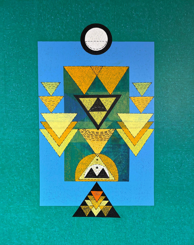 Vivek Nimbolkar artwork  in geometrical abstraction featuring a medley of soothing dark greens, blue and yellows. 