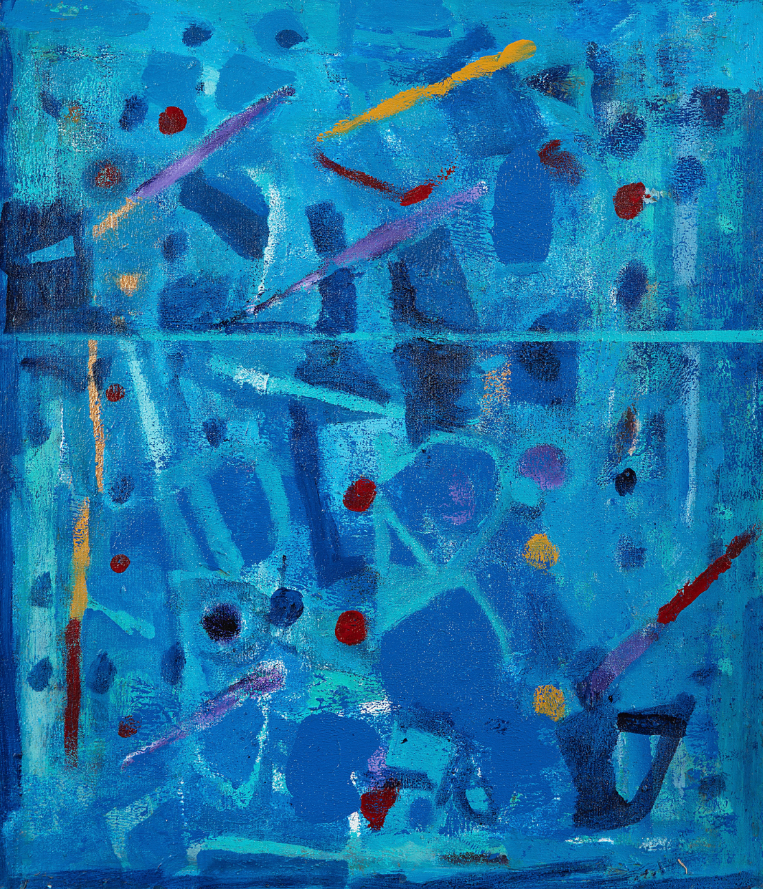 Achuthan Kudallur original abstract acrylic painting on canvas in soft blue shades with geomterical forms visible in composition.