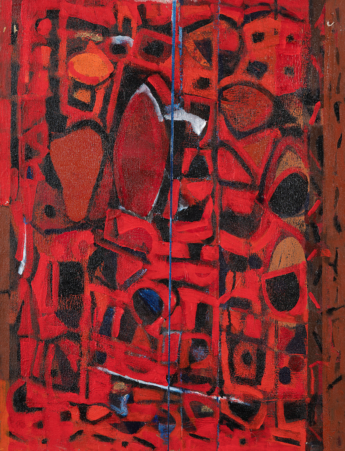 Achuthan Kudallur original vertical canvas abstract painting in rich red tones with textured black geometric motifs | Artazzle