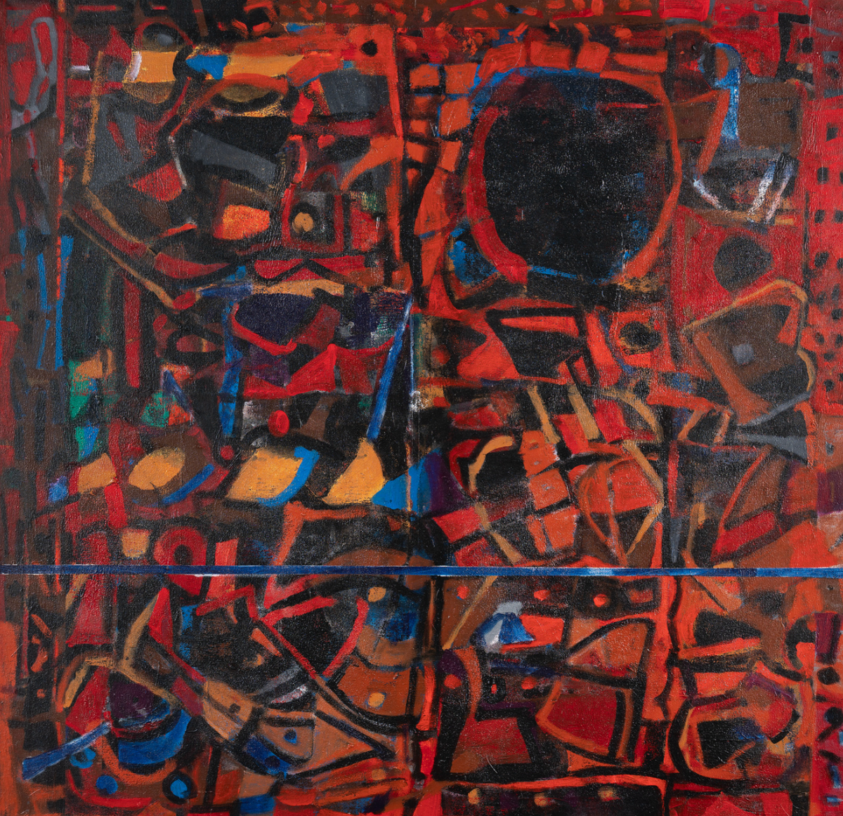 Achuthan Kudallur original 2000s abstract acrylic painting on canvas Untitled with layered red black and yellow planes | Artazzle
