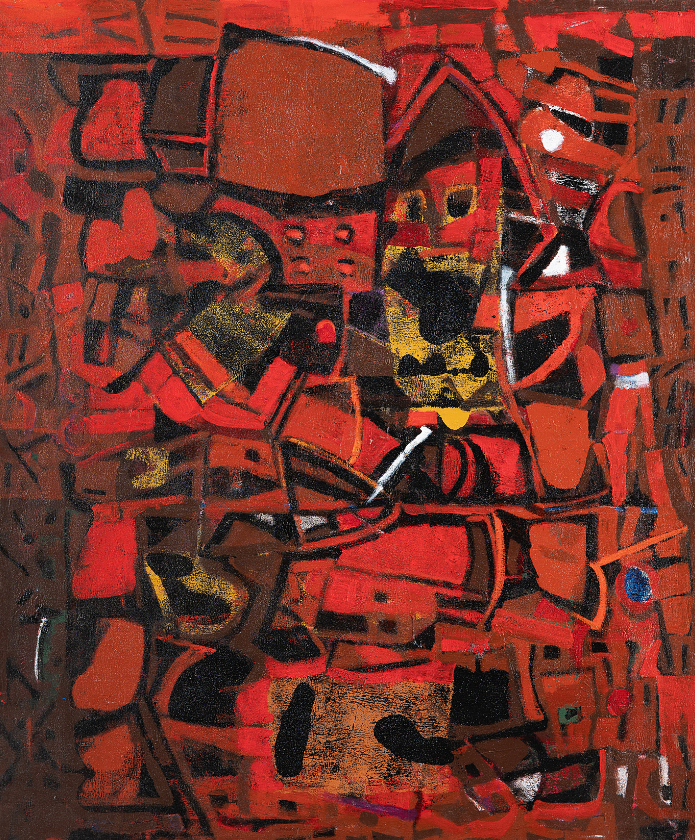 Achuthan Kudallur's original vertical abstract acrylic painting on canvas in warm red tones and rhythmic color planes | Artazzle