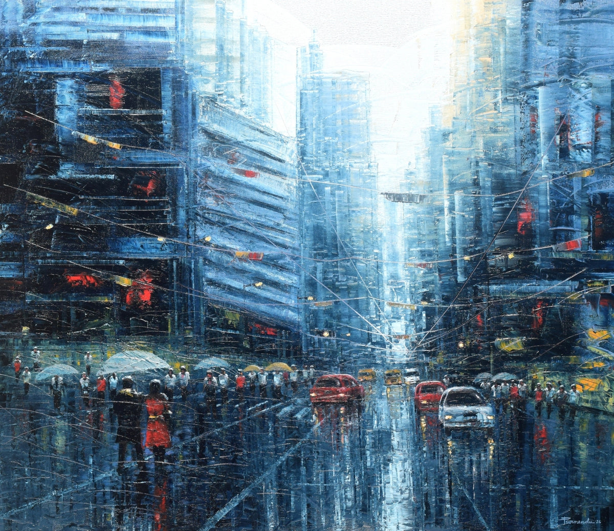 Blue-toned urban cityscape painting by Purnendu Mandal featuring rainy day urban streecape with gleaming road and commuters.