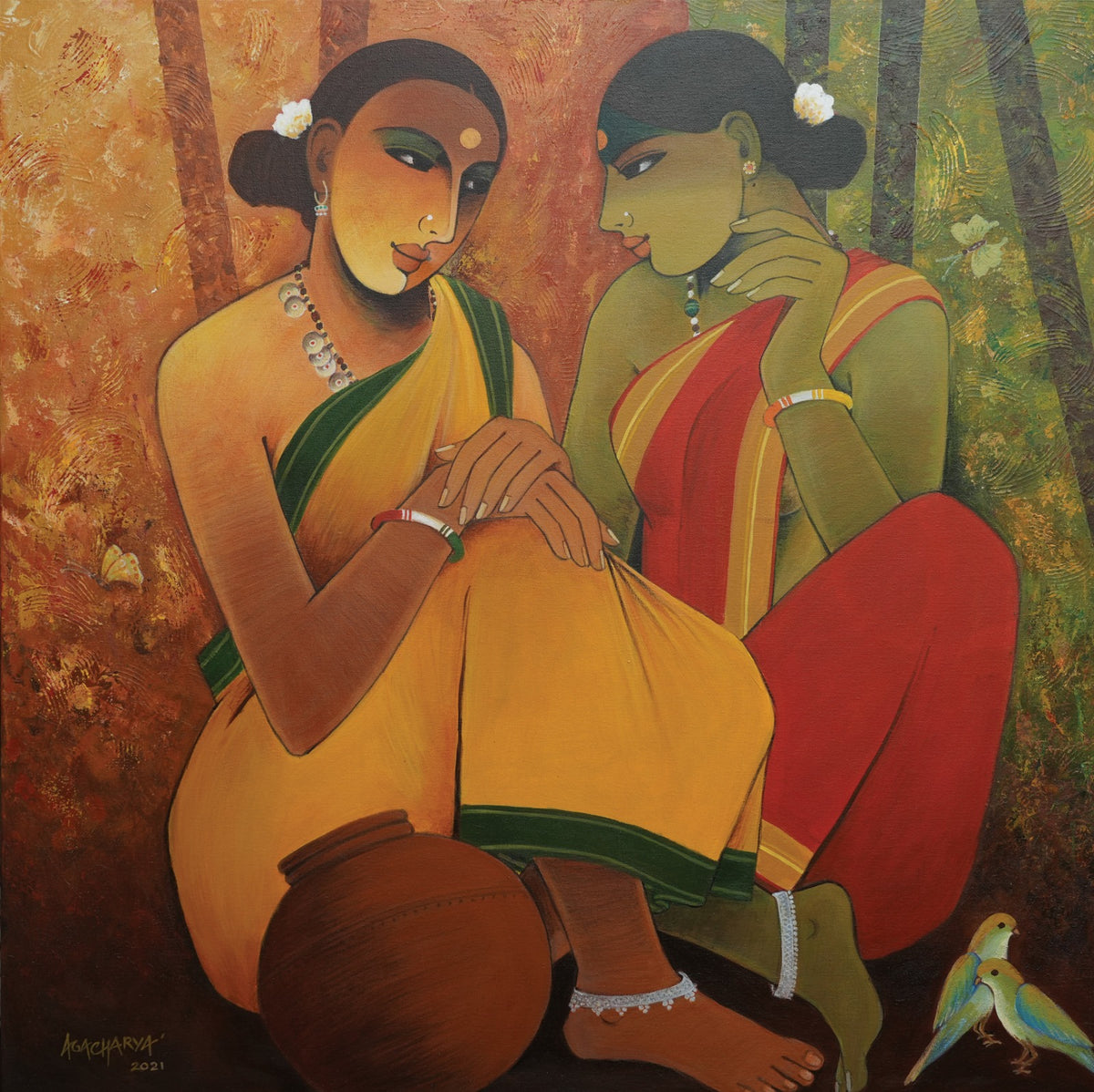 Rural India painting of two village women in bright sarees under forest trees.