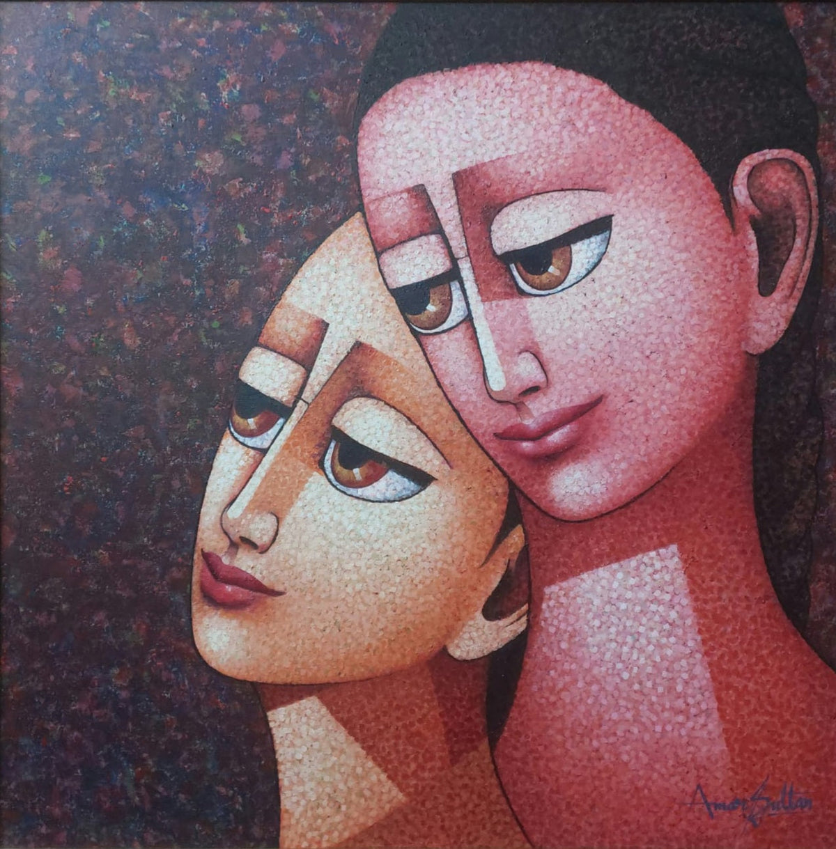 Amar Sultan original oil on canvas painting A Shared Horizon depicting a romantic couple on textured brown background.
