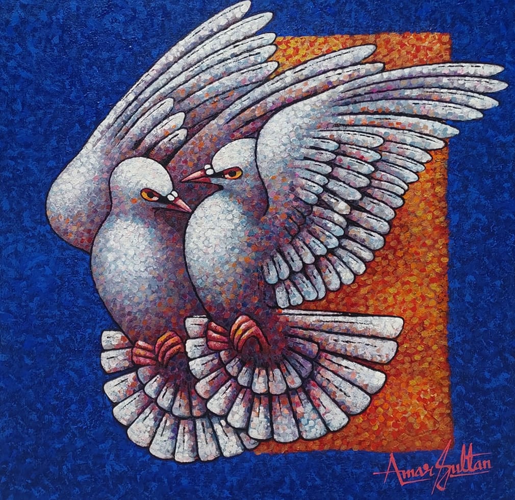 Amar Sultan original small format pointillism canvas painting Flight of Devotion featuring pair of doves in flight