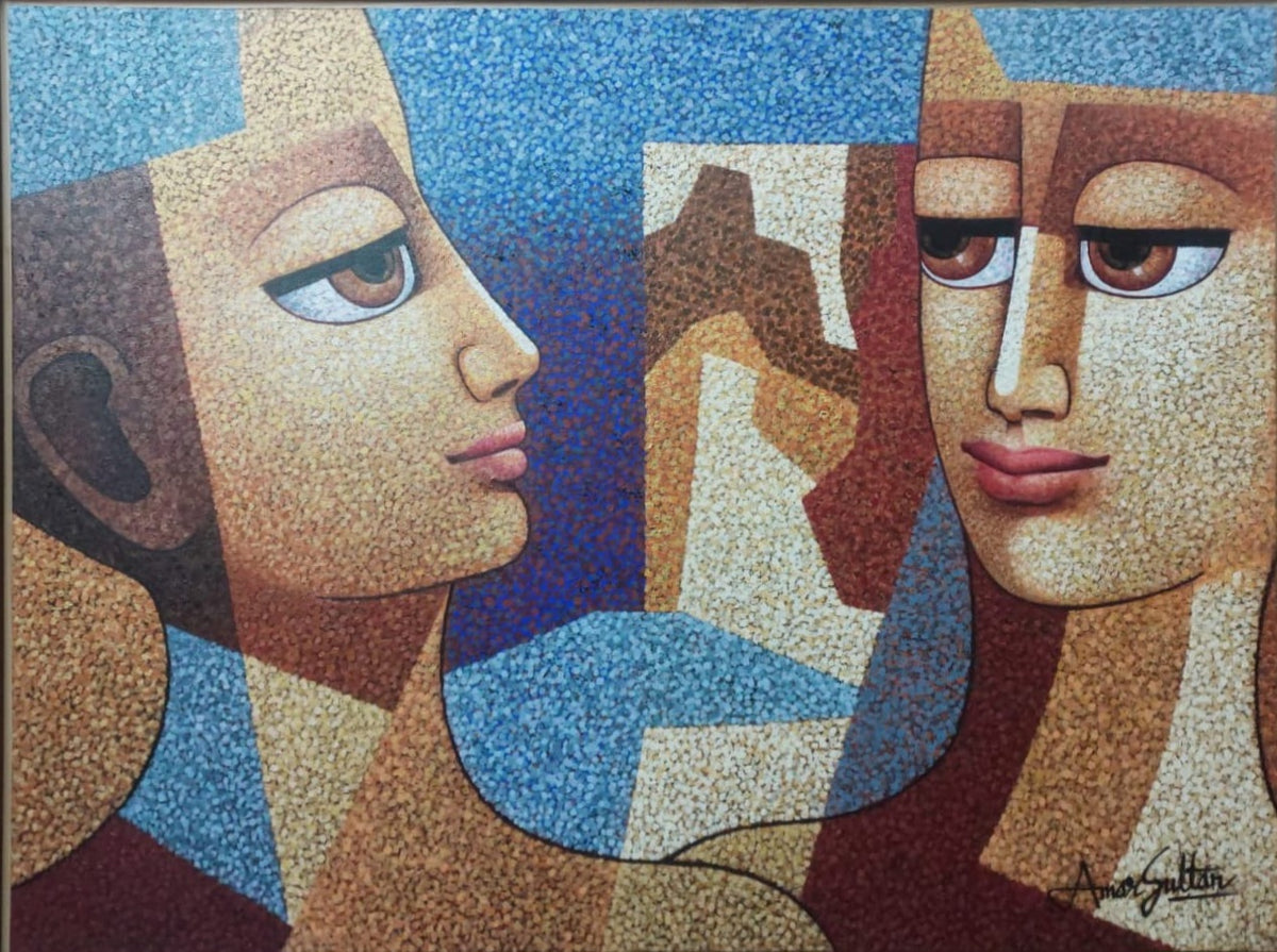 Amar Sultan original pointillism canvas painting Unspoken Accord featuring couple gazing at each other.