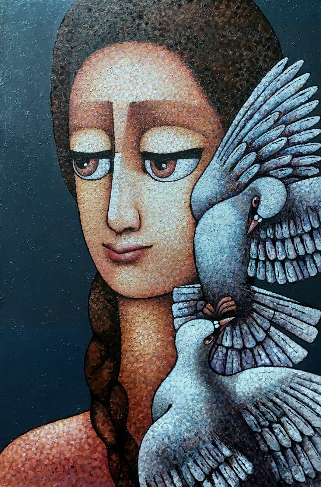 Amar Sultan original pointillism canvas painting  featuring young girl lost in thought with a dove pair fluttering next to her.