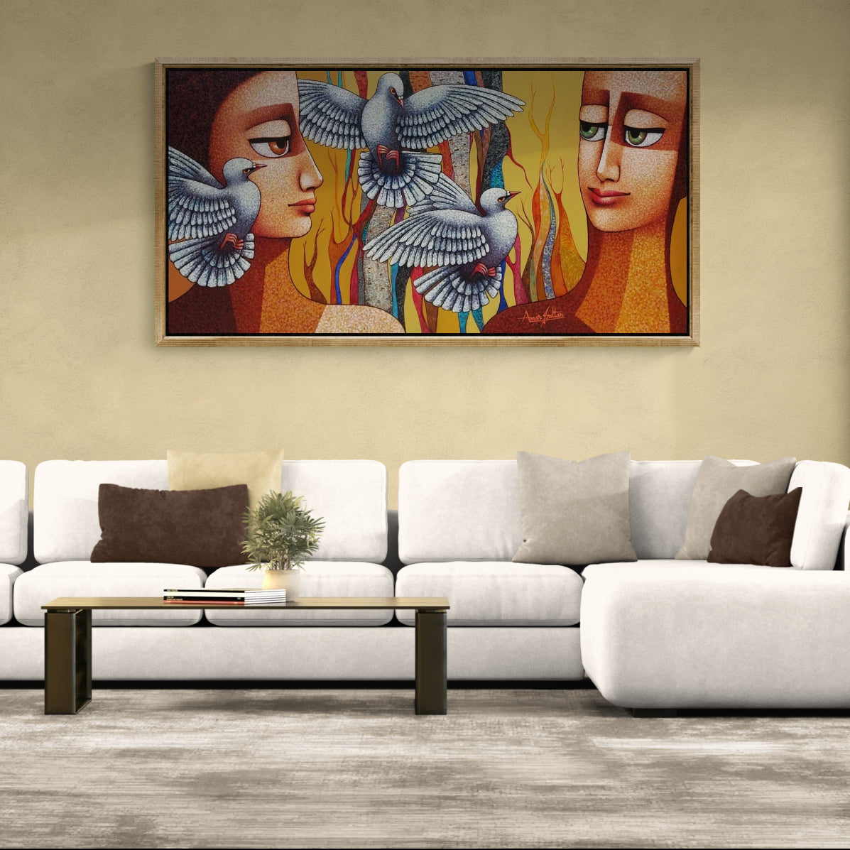 Unspoken Harmony 6 feet wide canvas figurative painting by Amar SUltan displayed in room.
