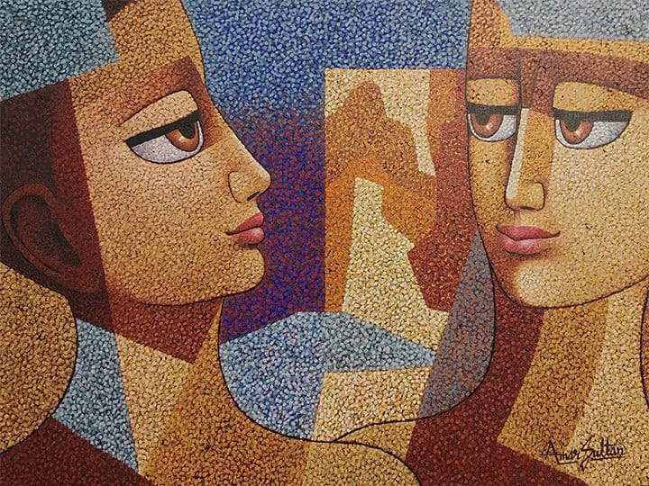 Amar Sultan original pointillism canvas painting Unspoken Accord featuring couple gazing at each other.