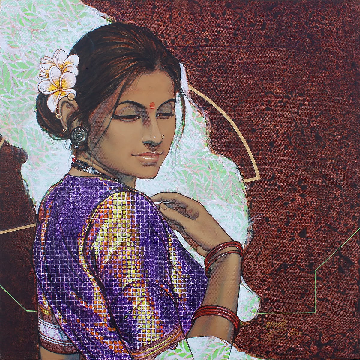 Ramchandra S Kharatmal original canvas painting 'Amodini' from his Beauty Series featuring Indian woman with plumerias. 