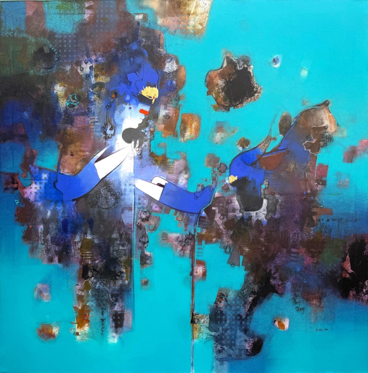 Amol Pawar Lord Shiva painting in signature blue blessing sacred Nandi on a textured teal abstract canvas.