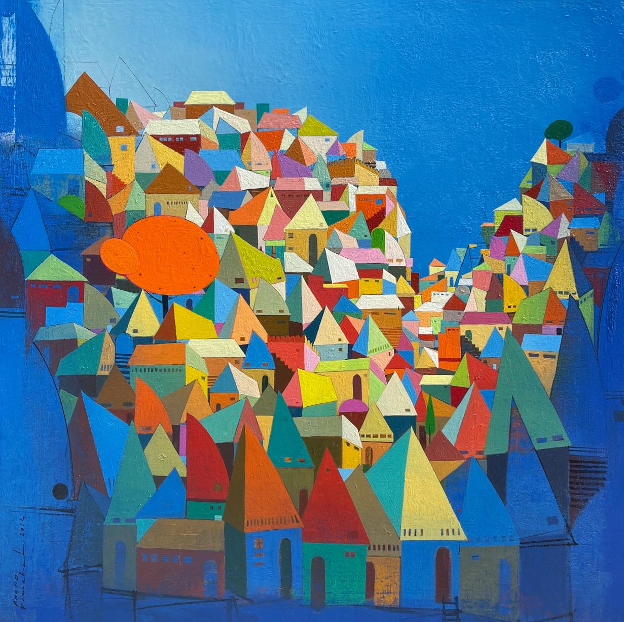 Vibrant Villagescape in primary color palette with blue skies and shadows dominating the work by ANand Panchal