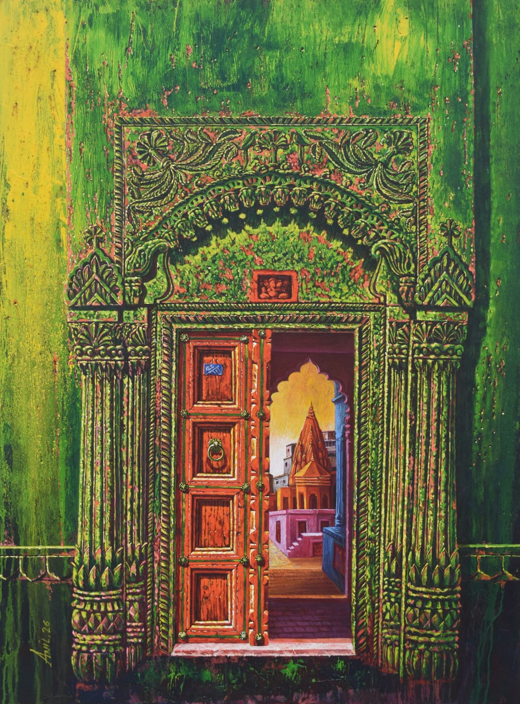 Anil Kumar Yadav original painting Varanasi 70 featuring half-open wooden door and temple brick architecture | Artazzle