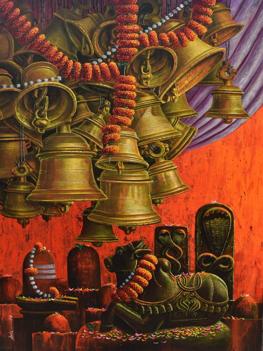 ANIL YADAV - an artist whose world is a spiritual one , depicts nandi seated under the temple bells with Shivling in background. 