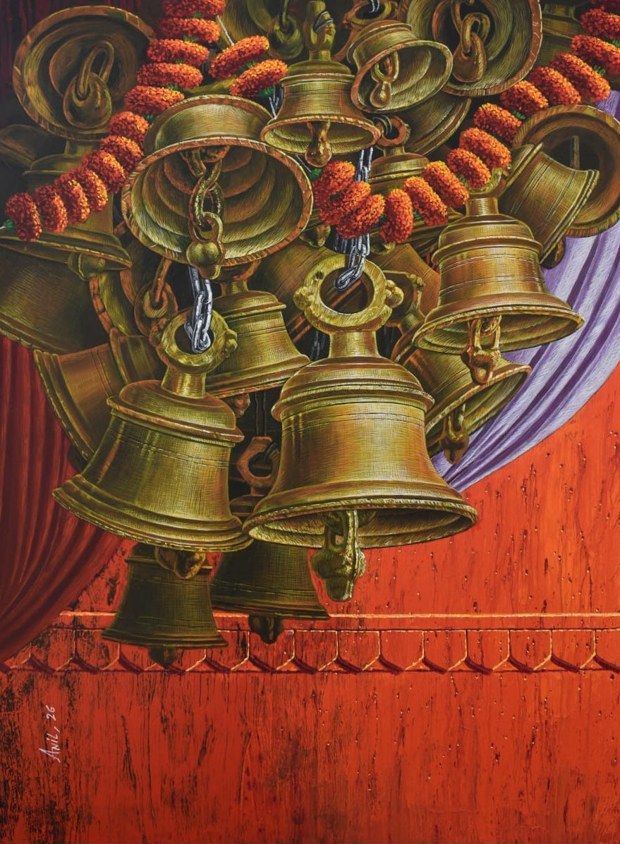 Anil Yadav spiritual painting featuring a vibrant cluster of shiny brass temple bells hanging on red wall.