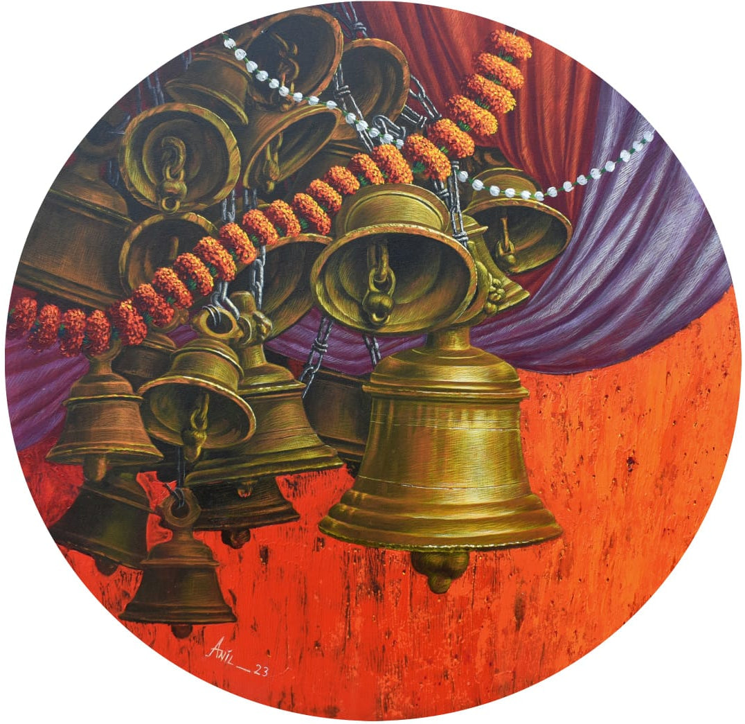 Anil Yadav circular painting of brass temple bells with marigold garlands against a red textured wall and purple backdrop.