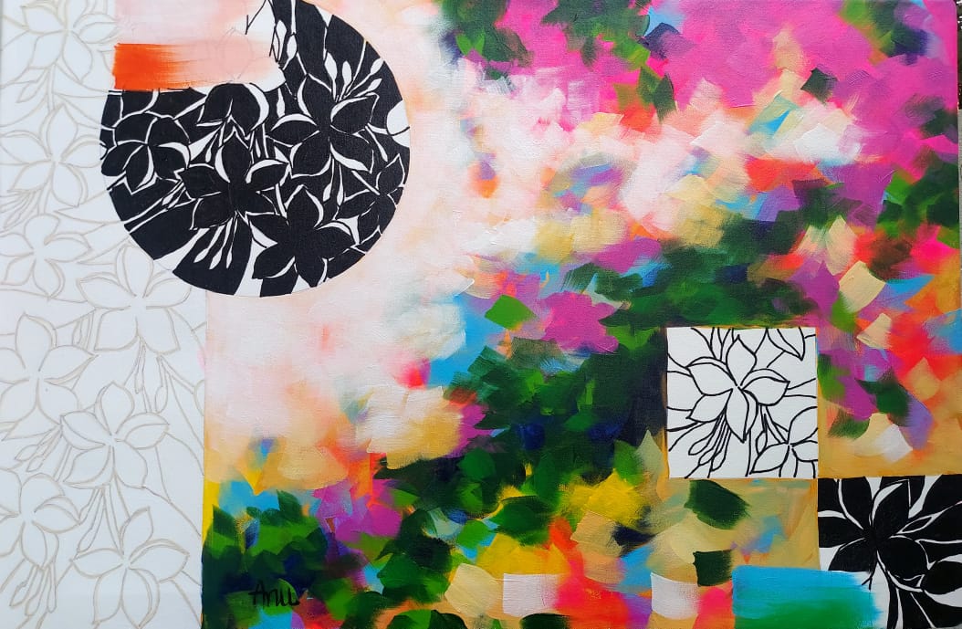 Artist Anuradha Thakur creates an interesting medley of floral cover with monochrome parts added to artwork