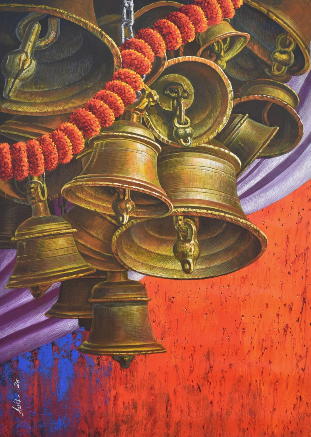 Anil Kumar Yadav original painting of brass temple bells painting with marigolds on sacred textured vermilion red backdrop.