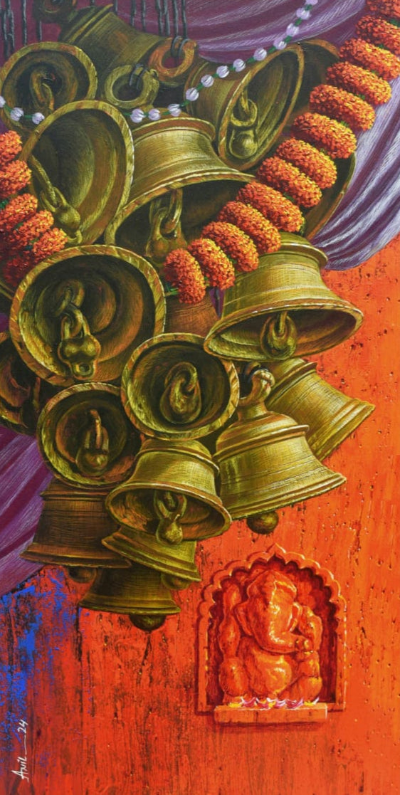 Artwork featuring golden temple bells and stone ganesha diety in backdrop.