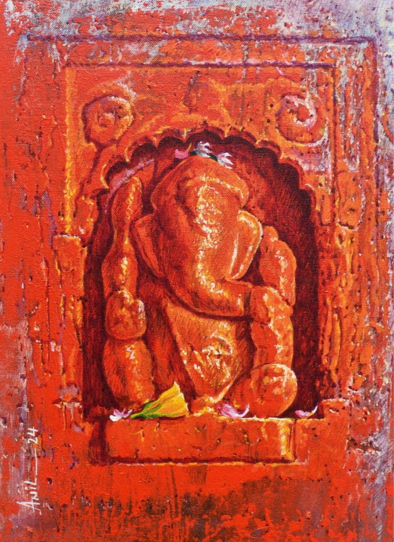 Artistic depiction of a Ganesha deity carved in stone wall on a red background