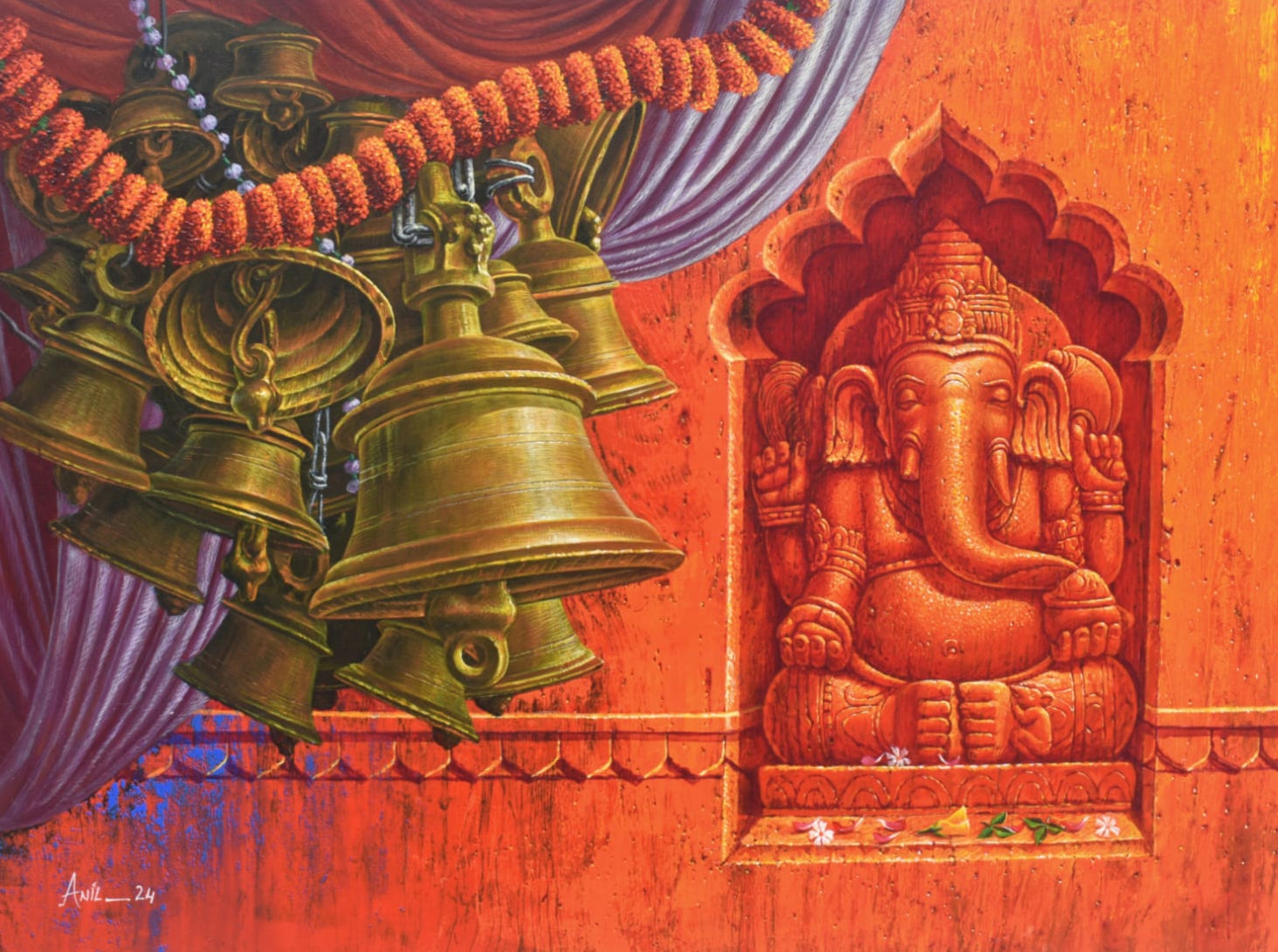 Decorative painting of bells and a deity figure on a red background