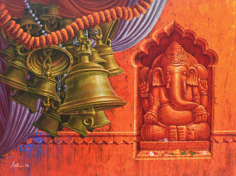 Decorative painting of bells and a deity figure on a red background