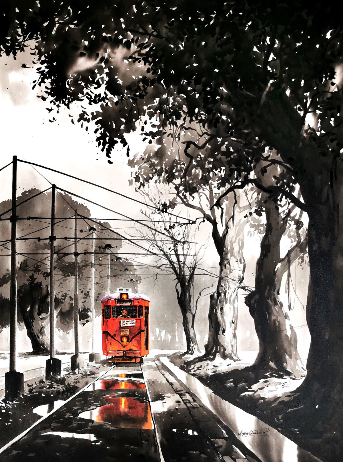A stunning cityscape of Kolkatta with  the signature red tram evoking memories of old city against a monochrome backdrop
