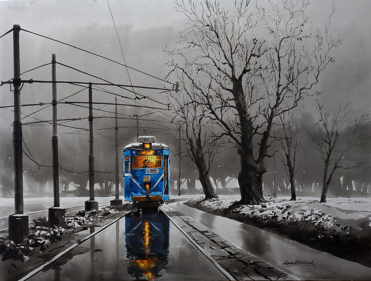 Arpan Bhomik Painting depicts a tram running on wet tracks against a rainwashed monochrome backdrop. 